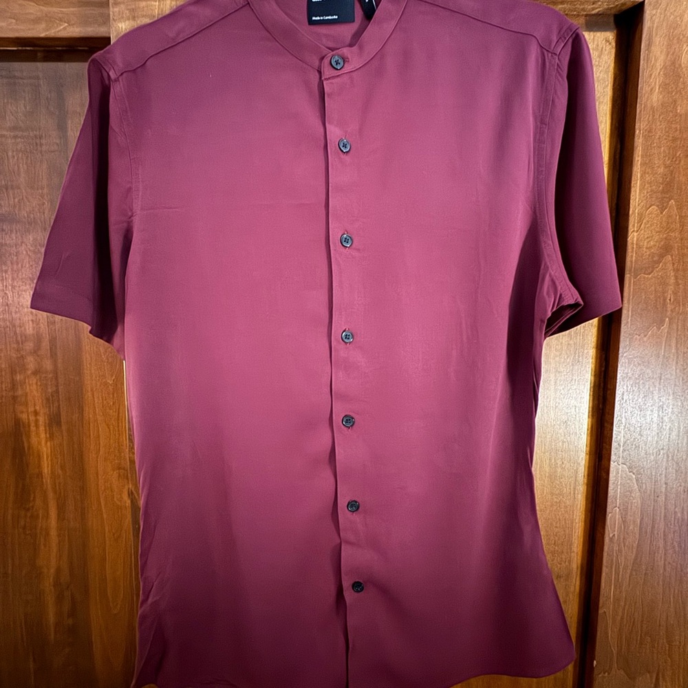 Red Casual Button Down Shirt with Mandarin Collar